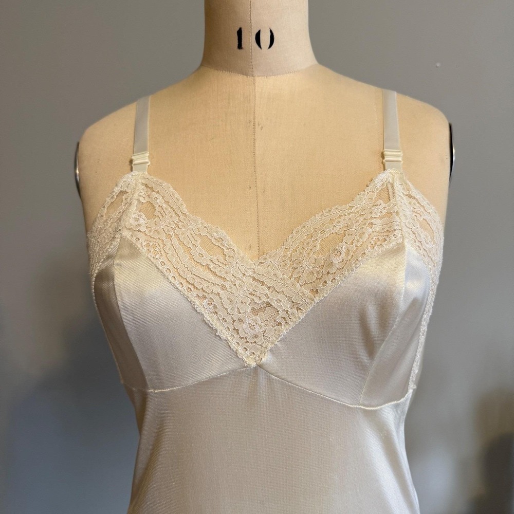 Ivory Satin Slip Nightgown Lace Trim V-Neck Adjustable Straps Lace Hem Coquette - Picture 2 of 14